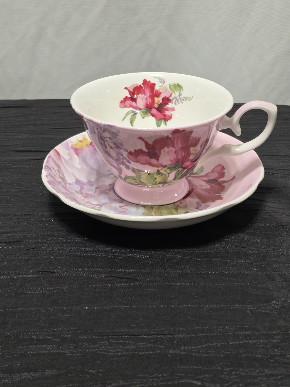 Gracie Bone China Teacup and Saucer Set - Pink Peony Floral Pattern